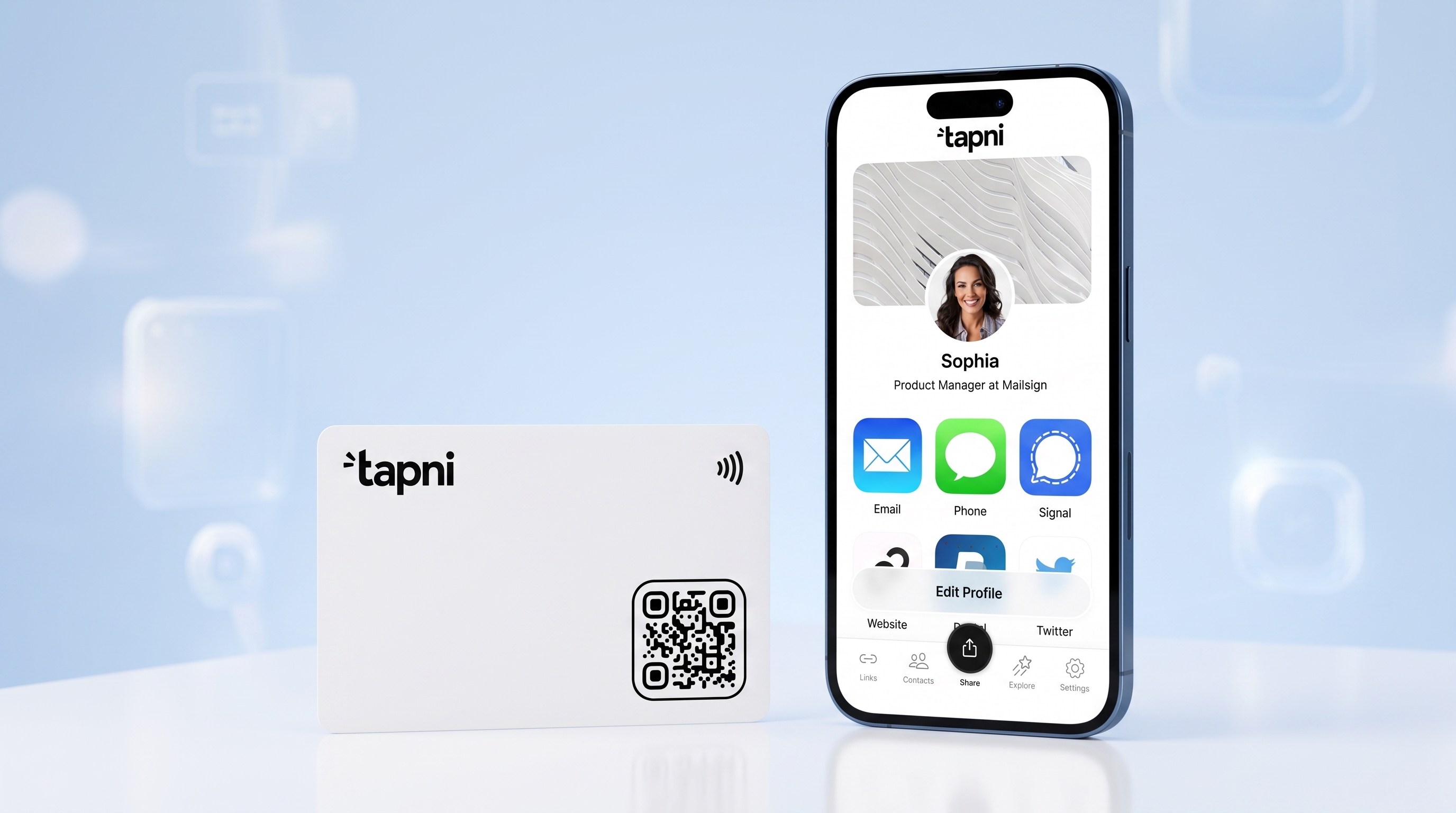 Tapni NFC card with the Tapni app profile