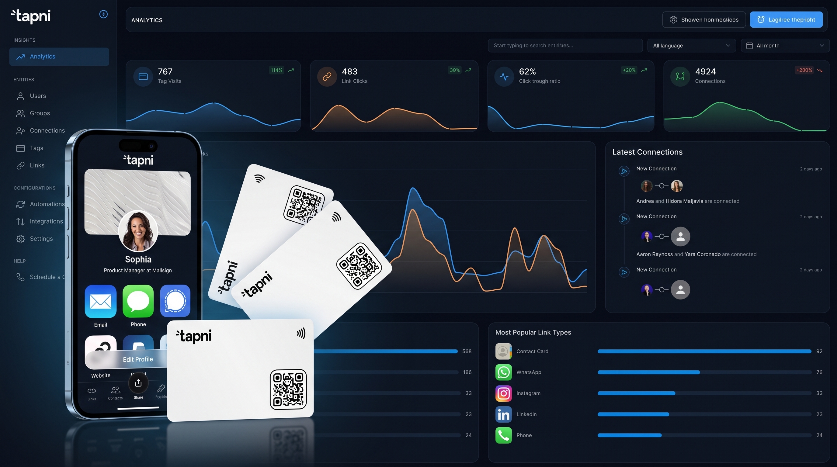 Tapni Business dashboard with team cards and integrations