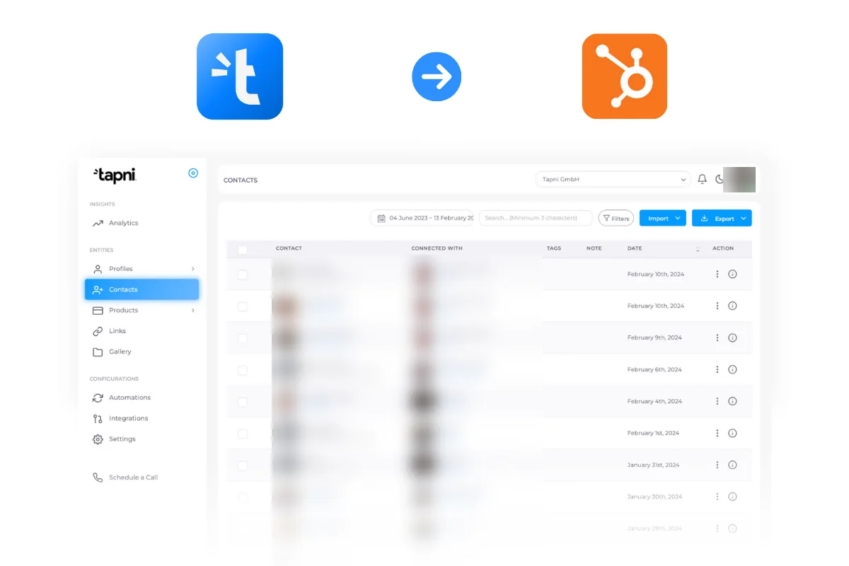 Tapni Contacts page showing which employee each lead connected with, with an Export menu for sending leads to HubSpot (personal data blurred)