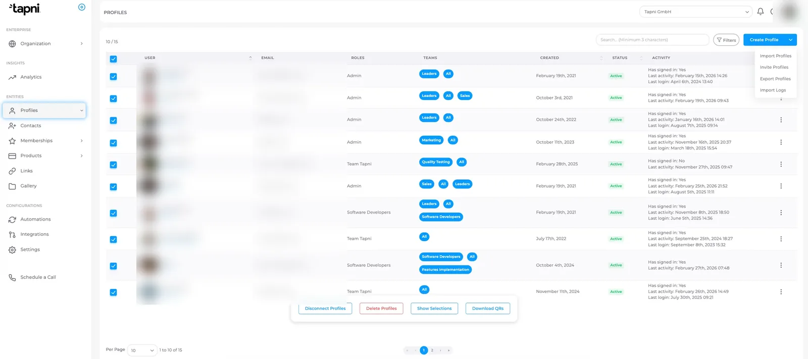 Tapni admin dashboard Profiles list with several employee digital business cards selected for bulk actions