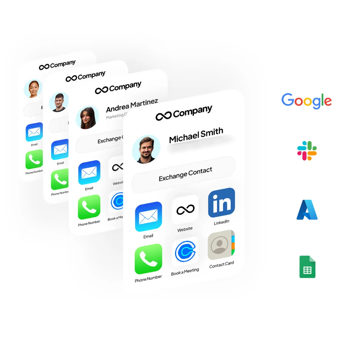 Branded Tapni digital business card profiles for several employees built from one shared company template