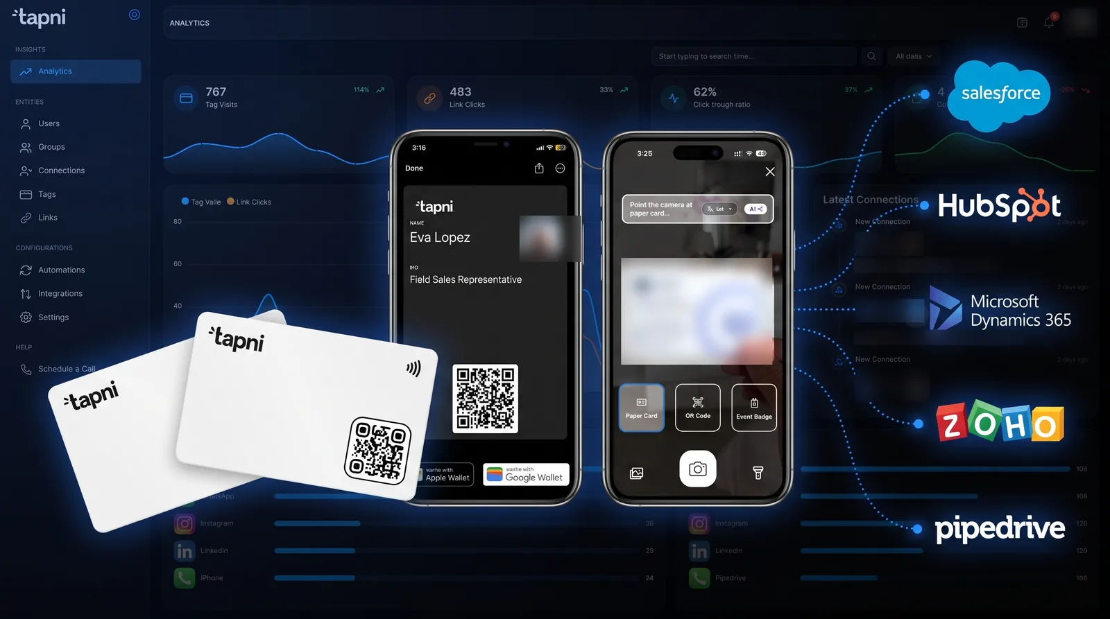 Tapni dashboard with leads captured from NFC business cards and CRM integration logos