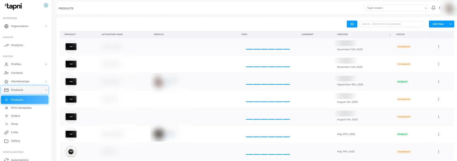 Tapni admin dashboard Products list showing assigned and unassigned NFC business cards ready to reassign