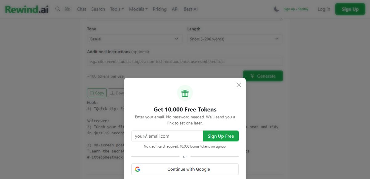 rewind.ai AI Writer used without an account, showing the generated hook, voiceover and caption behind an optional sign-up box